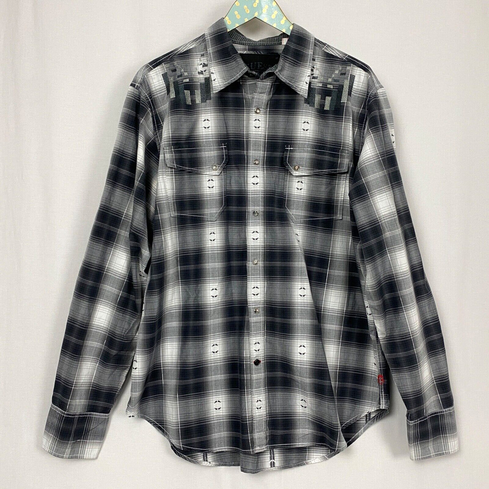 Guess Pearl‎ Snap Western Shirt Mens XL Black Plaid Metallic Embroidered Vtg